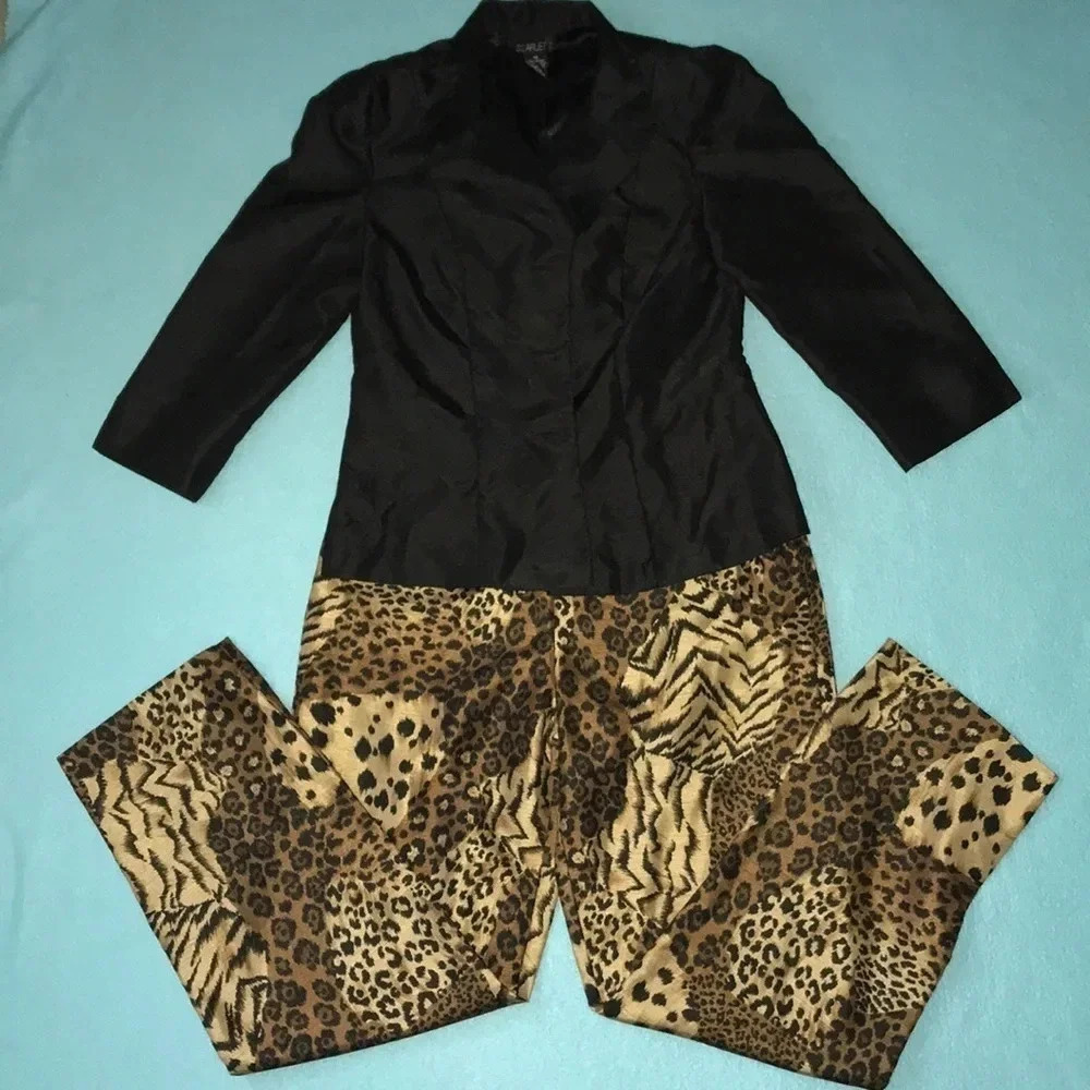 SCARLETT blouse blazer jacket shacket and animal print pants set size 10